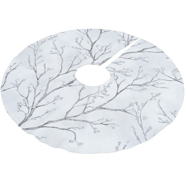 Silver White Christmas Winter Trees Brushed Polyester Tree Skirt (Angled)