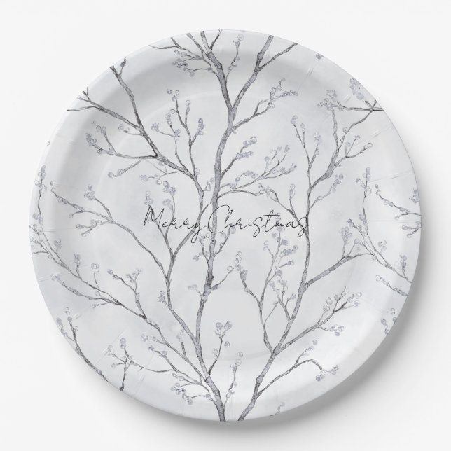 Silver White Christmas Winter Trees Paper Plate (Front)