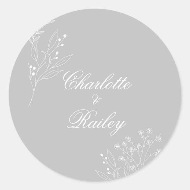 Silver White Corner Floral Boho Wedding Classic Round Sticker (Front)