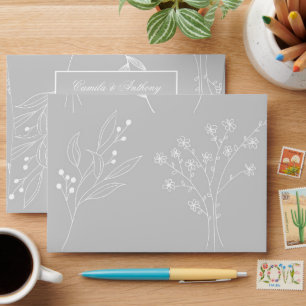 Silver White Corner Floral Boho Wedding Envelope
