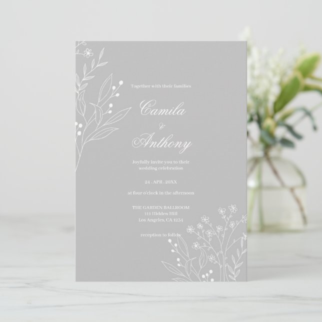 Silver White Corner Floral Boho Wedding Invitation (Standing Front)