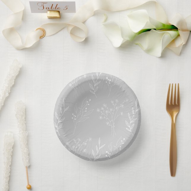 Silver White Corner Floral Boho Wedding Paper Plate (Wedding)