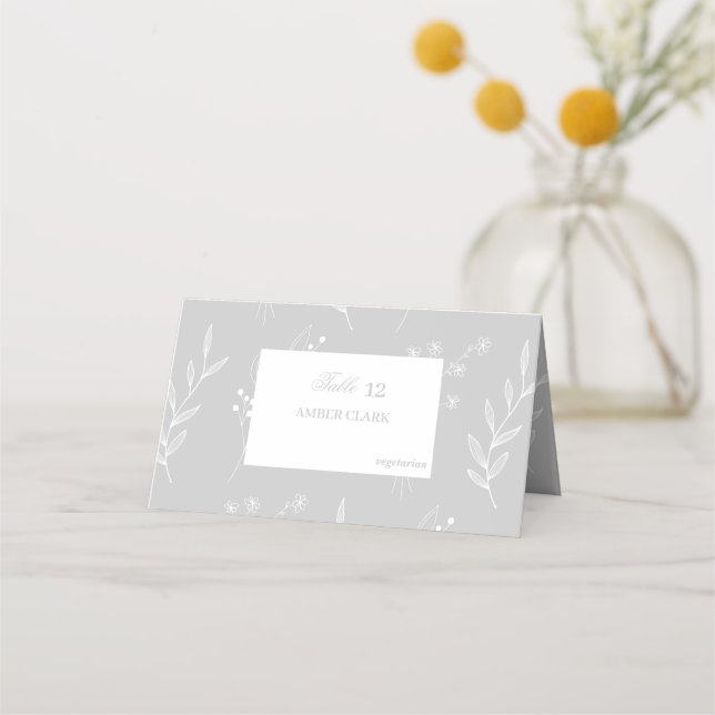 Silver White Corner Floral Boho Wedding Place Card (Front)