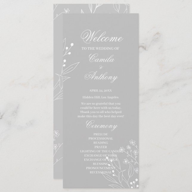 Silver White Corner Floral Boho Wedding Programme (Front/Back)