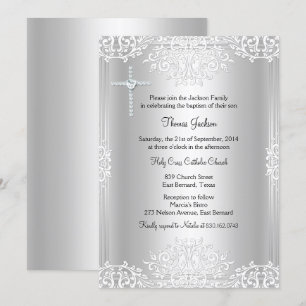 Silver White Damask Baptism/Christening Invite