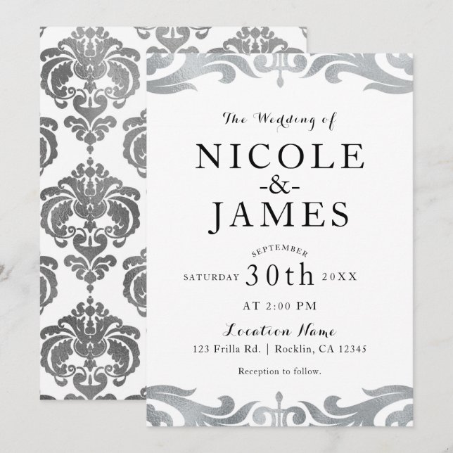 Silver & White Damask Chic Elegant Minimal Wedding Invitation (Front/Back)