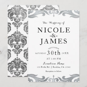 Silver & White Damask Chic Elegant Minimal Wedding Invitation