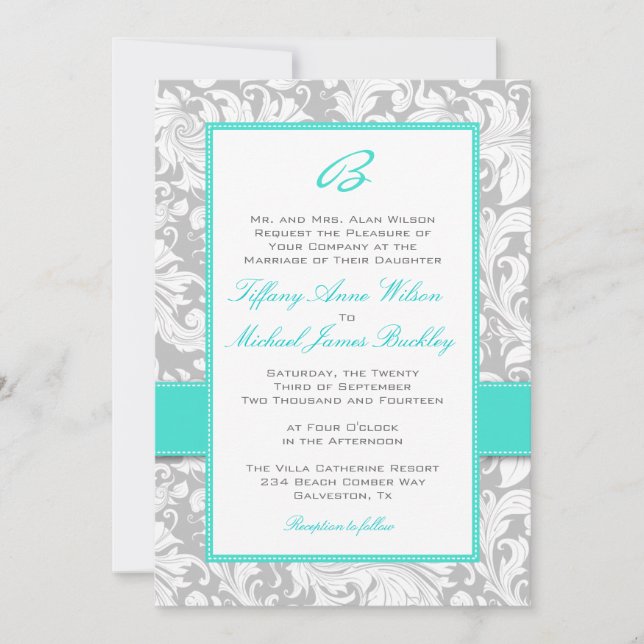 Silver white damask turquoise wedding invitation (Front)