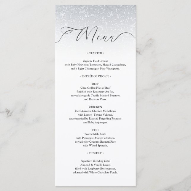 Silver White Damask Wedding Menu Card (Front)
