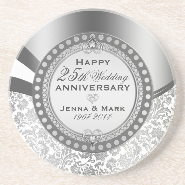 Silver & White Damasks 25 Wedding Anniversary Coaster (Front)