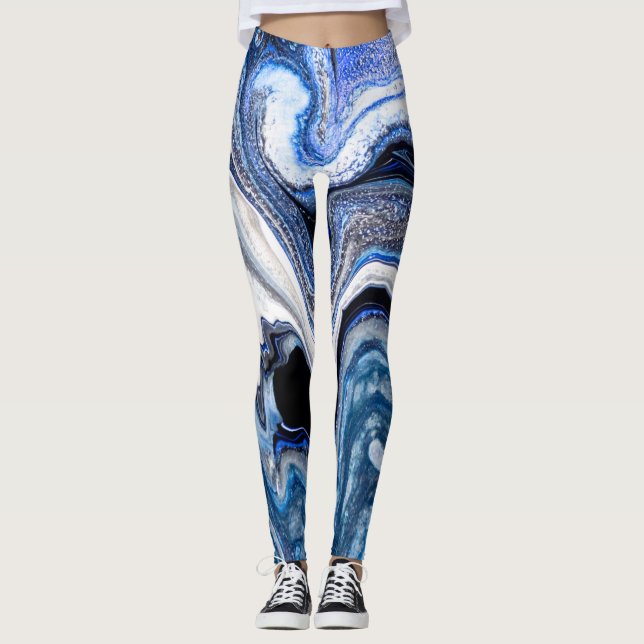 Silver white, deep sea marble texture. leggings (Front)