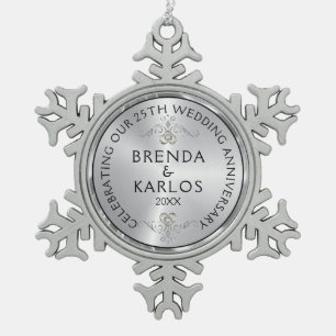 Silver & white diamonds 25th wedding Anniversary S Snowflake Pewter Christmas Ornament