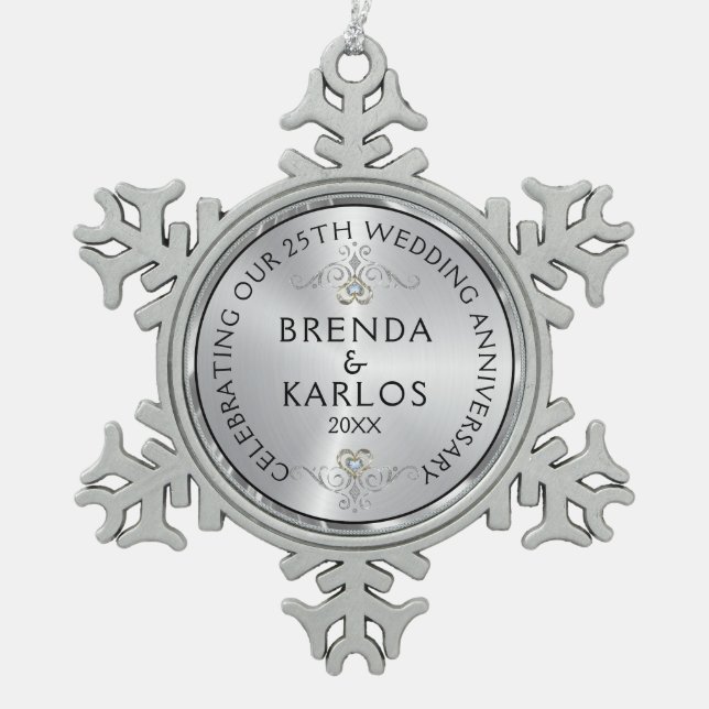 Silver & white diamonds 25th wedding Anniversary S Snowflake Pewter Christmas Ornament (Front)