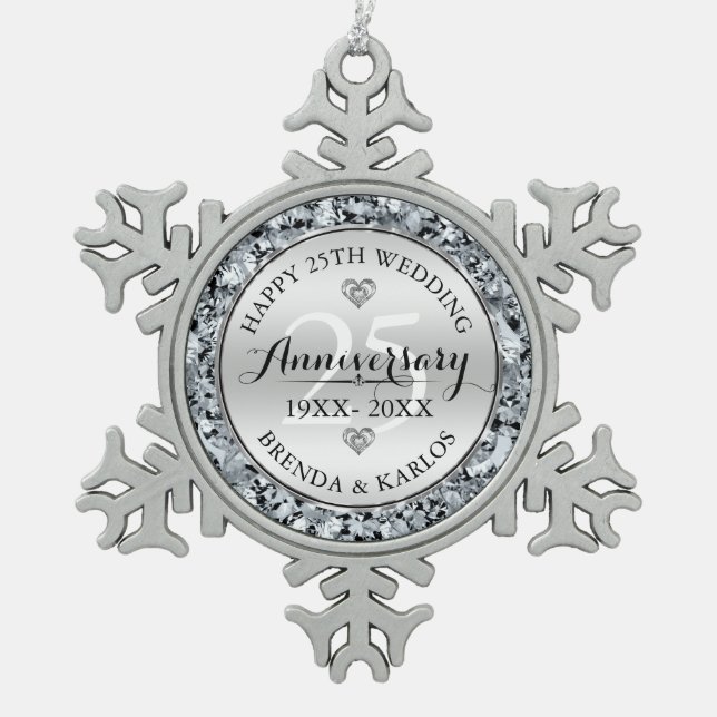 Silver & white diamonds 25th wedding Anniversary Snowflake Pewter Christmas Ornament (Front)