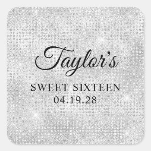 Silver White Disco Glitter Sweet Sixteen Square Sticker