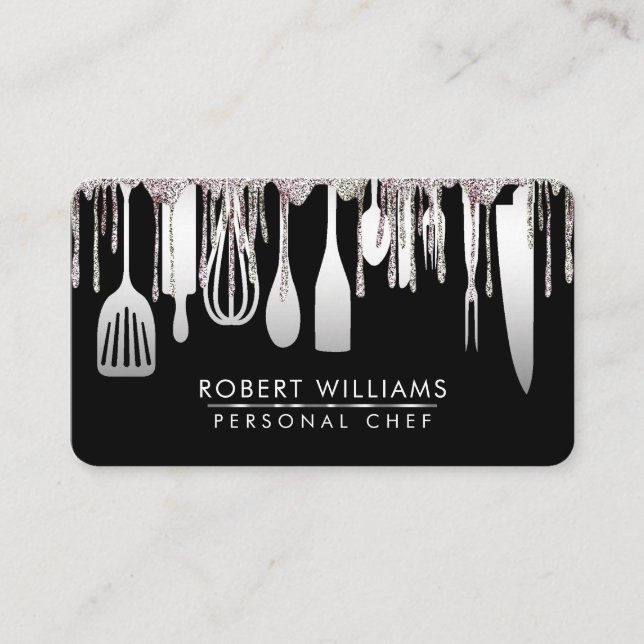 Silver White Drip Chef Kitchen Tools Glitter Faux Business Card (Front)