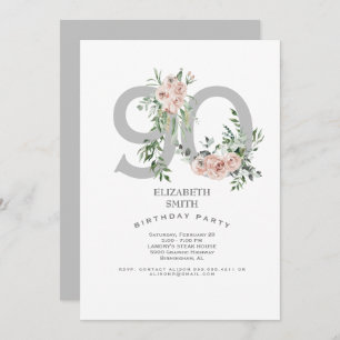 Silver & White Elegant Pink Rose 90th Invitation