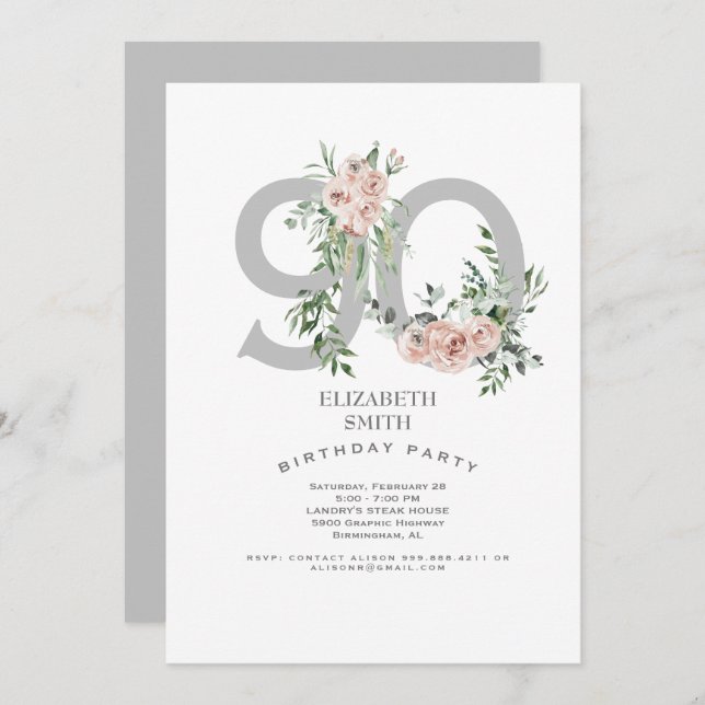 Silver & White Elegant Pink Rose 90th Invitation (Front/Back)