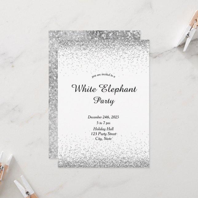 Silver White Elephant Party Invitation (Front/Back In Situ)
