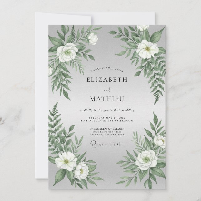 Silver White Fern Wedding Invitation (Front)