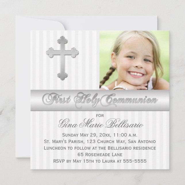 Silver White First Holy Communion Photo Invitation (Front)