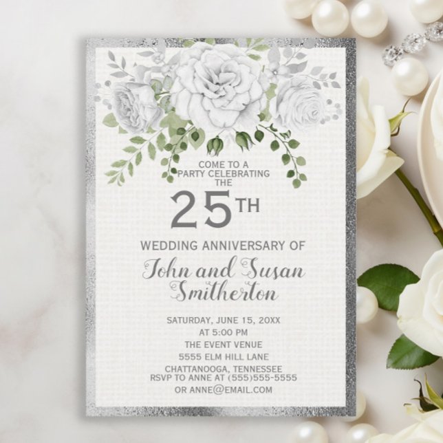 Silver White Floral 25th Wedding Anniversary Invitation (Silver 25th anniversary invitation with beautiful white flowers and greenery)