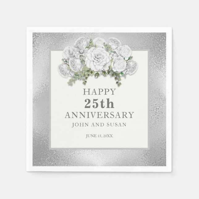 Silver White Floral 25th Wedding Anniversary Napkin (Front)
