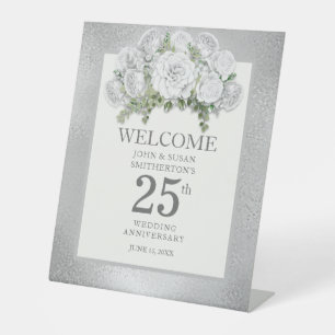 Silver White Floral 25th Wedding Anniversary Pedestal Sign