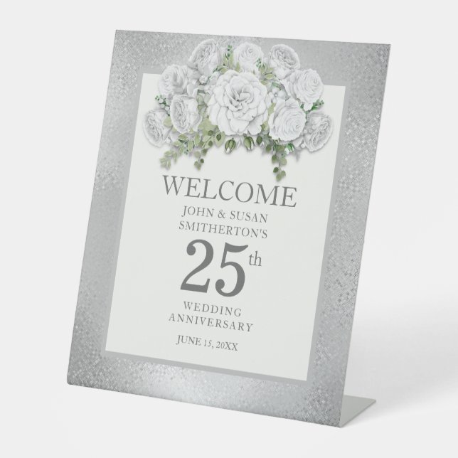 Silver White Floral 25th Wedding Anniversary Pedestal Sign (Front)