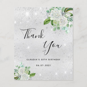 Silver white floral birthday thank you card