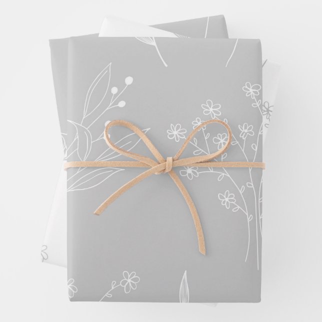 Silver White Floral Boho Wedding Wrapping Paper Sheet (In situ)