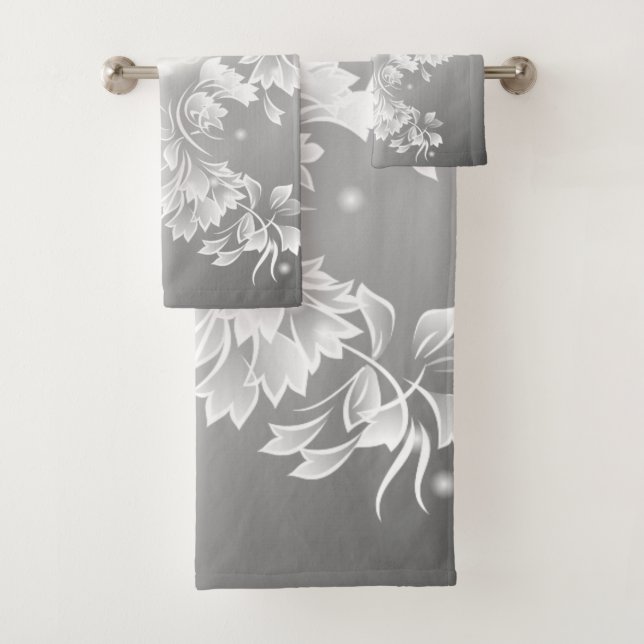 Silver White Floral Butterfly Fantasy Bath Towel Set (Insitu)