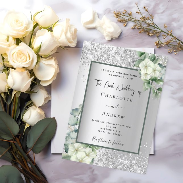 Silver white floral eucalyptus civil wedding invitation (Creator Uploaded)