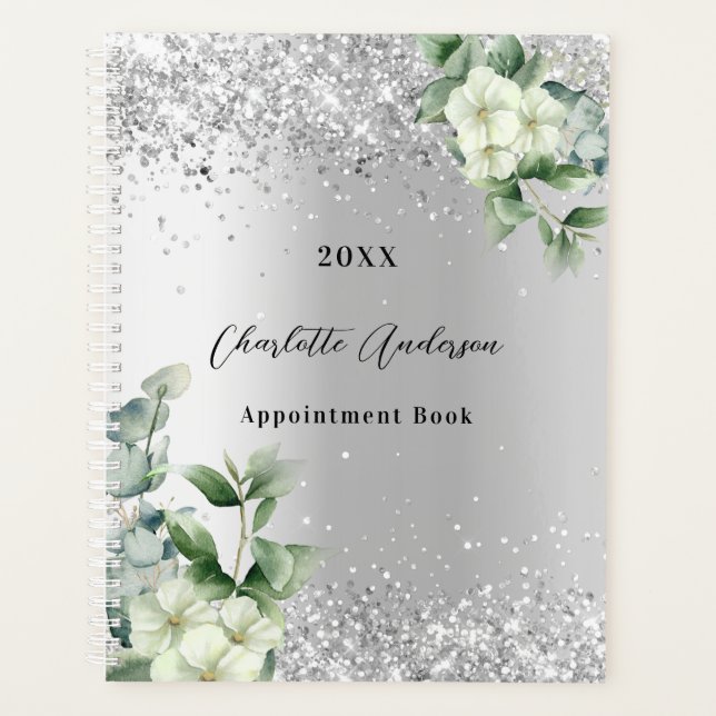 Silver white floral eucalyptus elegant planner (Front)