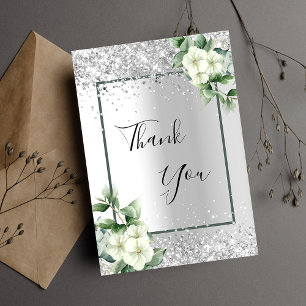 Silver white floral glitter elegant glamourous thank you card