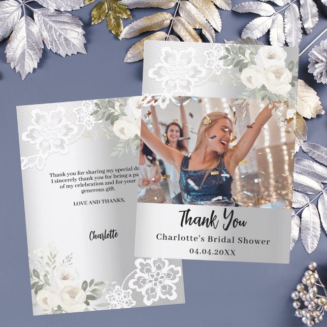 Silver white floral lace Bridal Shower photo Thank You Card (Creator Uploaded)