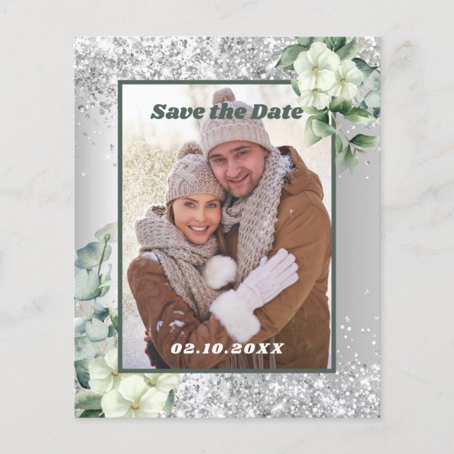 Silver white floral photo Save the Date wedding Flyer (Front)