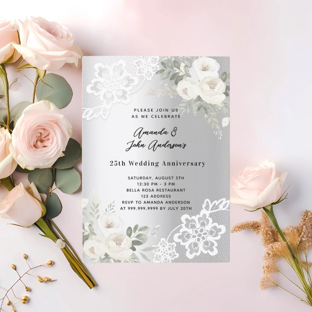 Silver white florals 25th wedding anniversary invitation (Creator Uploaded)