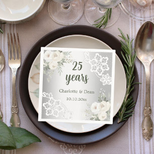 Silver white florals 25th wedding anniversary napkin