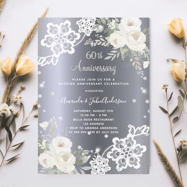 Silver white florals 60th wedding anniversary invitation (Creator Uploaded)