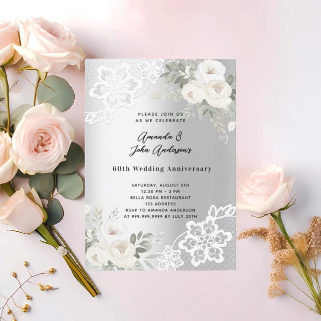 Silver white florals 60th wedding anniversary invitation (Creator Uploaded)