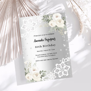 Silver white florals diamonds birthday invitation