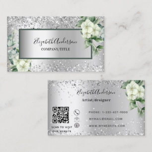 Silver white florals eucalyptus greenery QR code Business Card