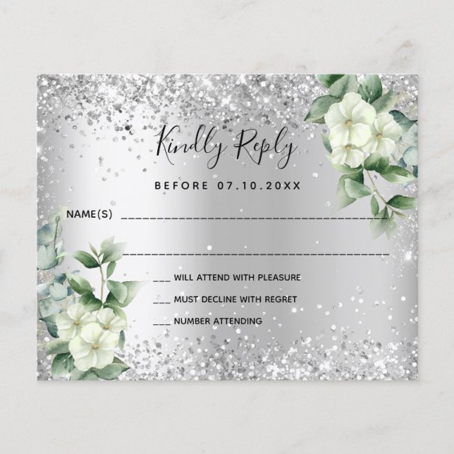 Silver white florals eucalyptus wedding RSVP card (Front)