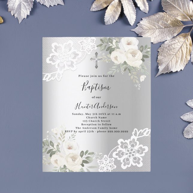 Silver white florals lace boy Baptism invitation (Creator Uploaded)