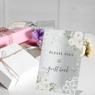 Silver white florals lace guest book sign