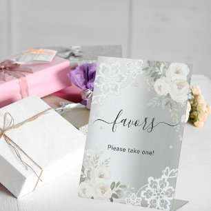 Silver white florals lace guest favour sign