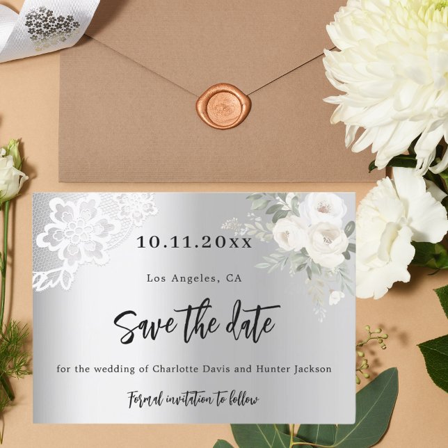 Silver white florals lace wedding save the date (Creator Uploaded)