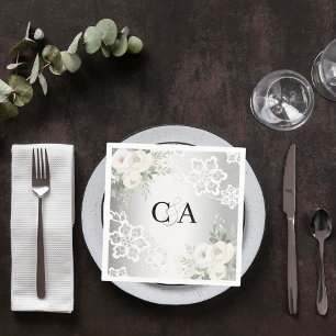 Silver white florals monogram wedding napkin