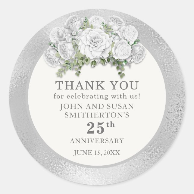Silver White Flowers 25th Wedding Anniversary Classic Round Sticker (Front)